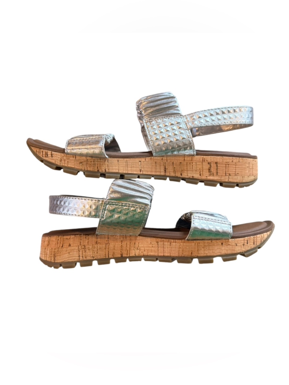 Skechers Luxe Foam Metallic Silver Ruched Woman's Cork Wedge Sandals Size 7 - Picture 5 of 9